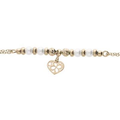 Bracelet en argent et dorure jaune avec pampille coeur et perle blanche de synthèse 16+3cm