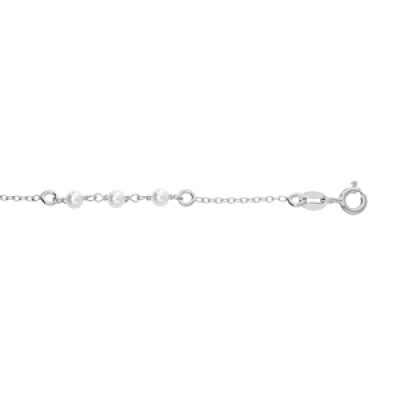 Bracelet en argent rhodié chaîne avec 9 perles blanches de synthèse 16+3cm