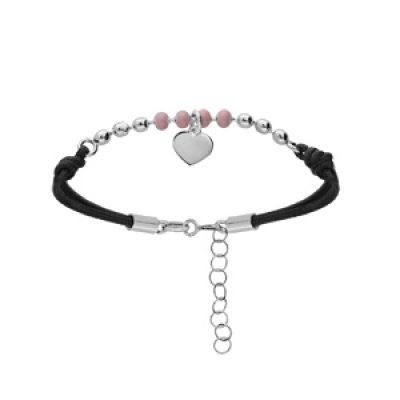 Bracelet en argent rhodié cordon noir avec boules roses et pampille coeur 16+3cm