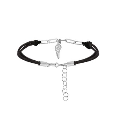 Bracelet en argent rhodié cordon noir maille rectangulaire et pampille aile 16+3cm
