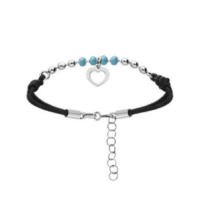 Bracelet en argent rhodié cordon noir avec pampille coeur et perles bleues 16+3cm