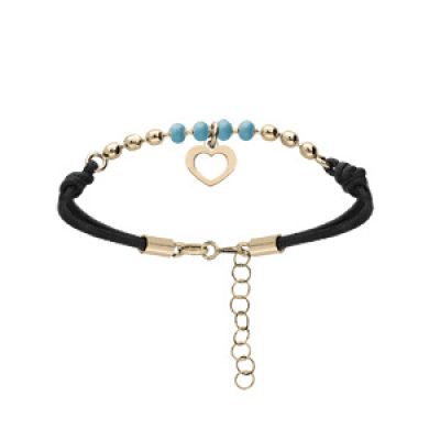 Bracelet en argent et dorure jaune cordon noir avec pampille coeur et perles bleues 16+3cm