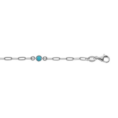 Bracelet en argent rhodié petite maille rectangulaire et perle bleue ciel 16+3cm