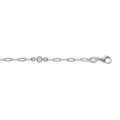 Bracelet en argent rhodié petite maille rectangulaire et perle verte 16+3cm