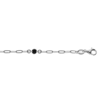 Bracelet en argent rhodié petite maille rectangulaire et perle noire 16+3cm