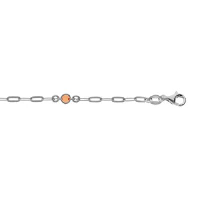 Bracelet en argent rhodié petite maille rectangulaire et perle orange 16+3cm