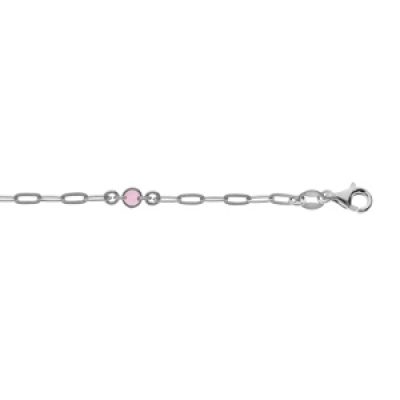 Bracelet en argent rhodié petite maille rectangulaire et perle rose 16+3cm