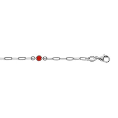Bracelet en argent rhodié petite maille rectangulaire et perle rouge 16+3cm