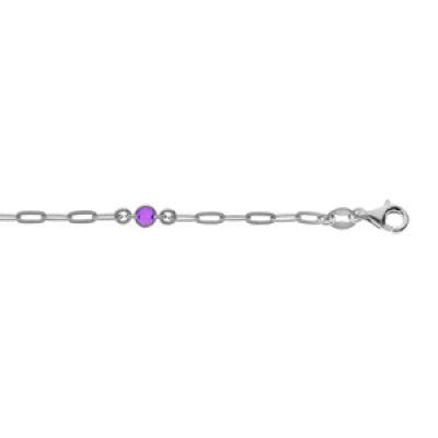 Bracelet en argent rhodié petite maille rectangulaire et perle violette 16+3cm