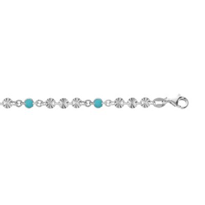 Bracelet en argent rhodié pastilles diamantées et perles bleue ciel 16+3cm