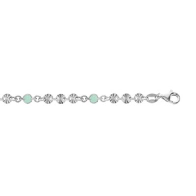 Bracelet en argent rhodié pastilles diamantées et perles verte 16+3cm