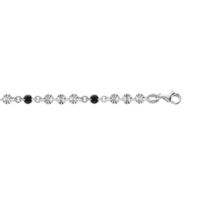 Bracelet en argent rhodié pastilles diamantées et perles noire 16+3cm