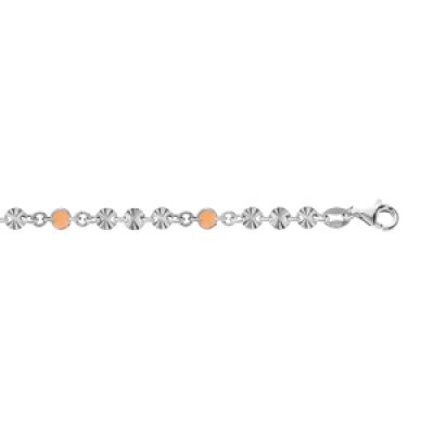 Bracelet en argent rhodié pastilles diamantées et perles orange 16+3cm