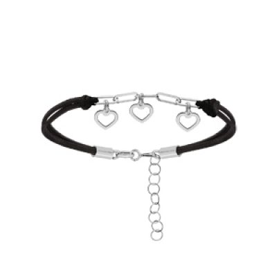 Bracelet en argent rhodié cordon noir maille rectangulaire et pampilles coeurs 16+3cm