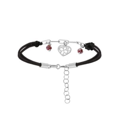Bracelet en argent rhodié cordon noir maille rectangulaire et pampilles coeurs et pierres violettes 16+3cm