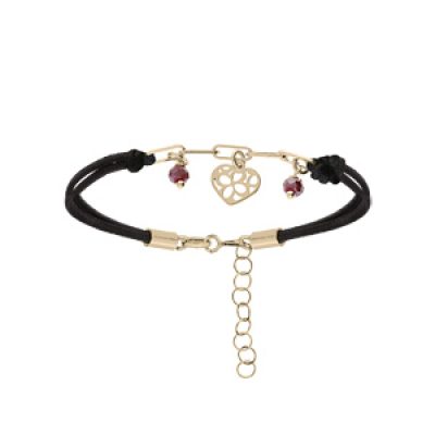 Bracelet en argent et dorure jaune cordon noir maille rectangulaire et pampilles coeurs et pierres violettes 16+3cm