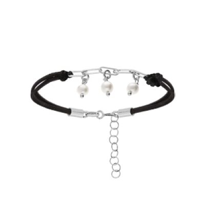 Bracelet en argent rhodié cordon noir pampille 3 perles blanches de synthèse 16+3cm