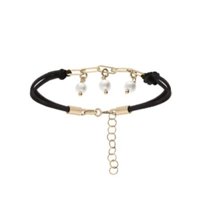 Bracelet en argent et dorure jaune cordon noir maille rectangulaire et pampille perles blanches de synthèse 16+3cm