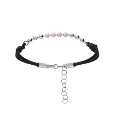 Bracelet en argent rhodié cordon noir avec boules roses 16+3cm