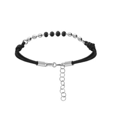 Bracelet en argent rhodié cordon noir avec boules noires 16+3cm