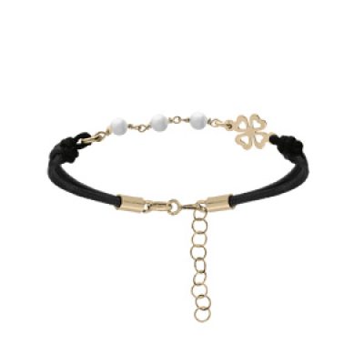 Bracelet en argent et dorure jaune cordon noir avec perles blanches et trèfle 16+3cm