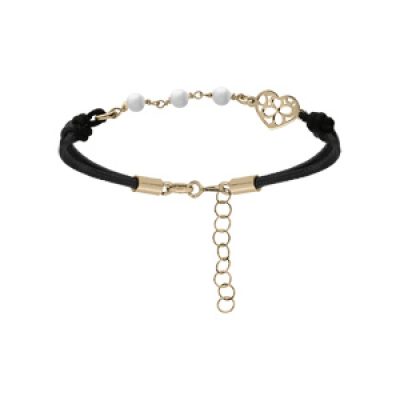 Bracelet en argent et dorure jaune cordon noir avec perles blanches et coeur 16+3cm