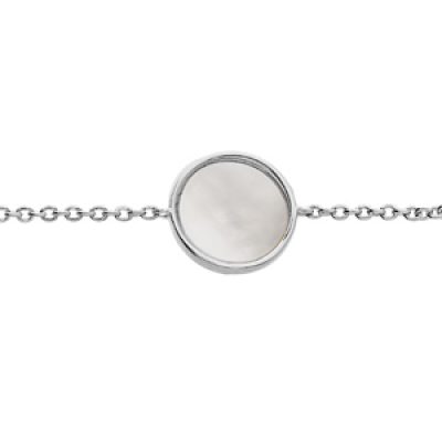 Bracelet en argent rhodié chaîne avec rond en Nacre blanche véritable 10mm 16+2cm