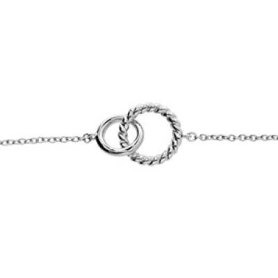 Bracelet en argent rhodié chaîne avec double anneaux entremelés lisse et torsade 16+3cm