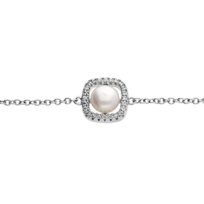 Bracelet en argent rhodié chaîne avec carré d'oxydes blancs et Perle de culture d'eau douce blanche 16+3cm