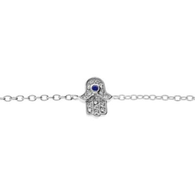 Bracelet en argent rhodié chaîne avec main de fatma et oxydes blancs et bleu sertis 16+3cm
