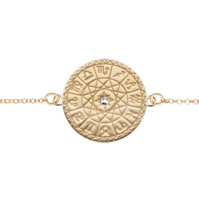Bracelet en argent et dorure jaune chaîne avec rond symbole astrologique et 1 oxyde blanc 16+3cm