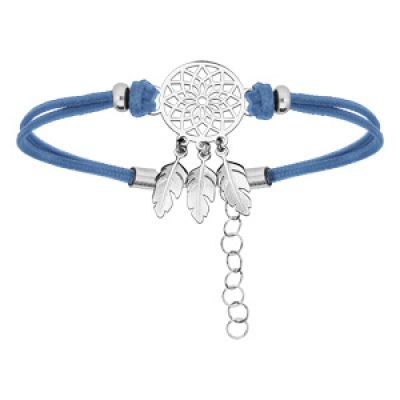 Bracelet en argent rhodié cordon bleu ciel et attrape rêve 16+3cm