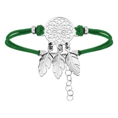 Bracelet en argent rhodié cordon vert et attrape rêve 16+3cm