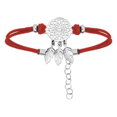 Bracelet en argent rhodié chaîne avec cordon rouge et attrape rêve 16+3cm