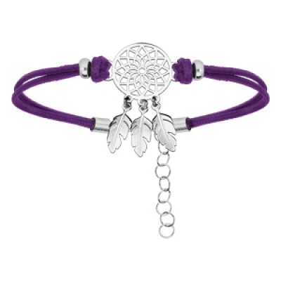 Bracelet en argent rhodié chaîne avec cordon violet et attrape rêve 16+3cm