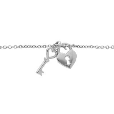 Bracelet en argent rhodié chaîne avec clef et cadenas lisse 16+2cm