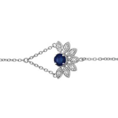 Bracelet en argent rhodié chaîne demi fleur de Saphir véritable et topazes blanches 16+3cm