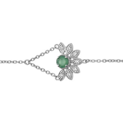 Bracelet en argent rhodié chaîne demi fleur d'Emeraude véritable et topazes blanches 16+3cm