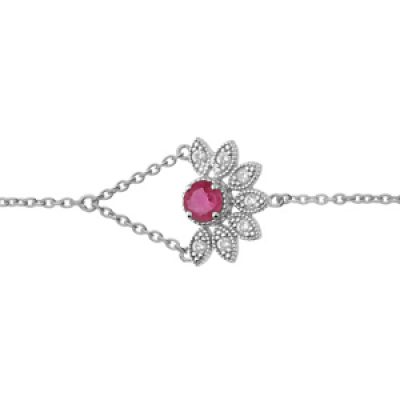 Bracelet en argent rhodié chaîne demi fleur de Rubis véritable et topazes blanches 16+3cm