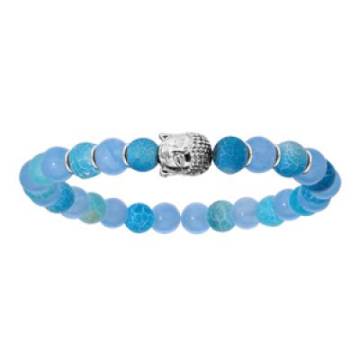 Bracelet en argent rhodié extensible avec boules quartz bleu clair et tête de Bouddha