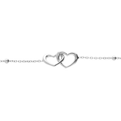 Bracelet en argent rhodié chaîne avec double coeur entremélé 15+3cm
