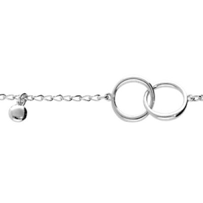 Bracelet en argent rhodié chaîne avec double cercle entremélé et pampille boule 15+3cm