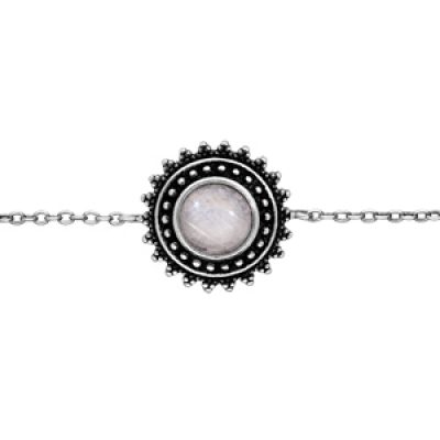 Bracelet en argent patiné chaîne avec soleil et pierre de lune ronde 16+3cm