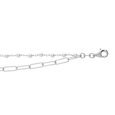 Bracelet en argent rhodié double chaîne maille rectangulaire et ornée de perles blanches 15+3cm