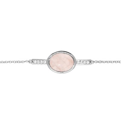 Bracelet en argent rhodié chaîne avec pierre ovale Quartz rose et oxydes blancs 16+3cm