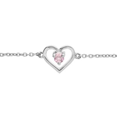 Bracelet en argent platiné chaîne avec coeur et oxyde rose 14+3cm