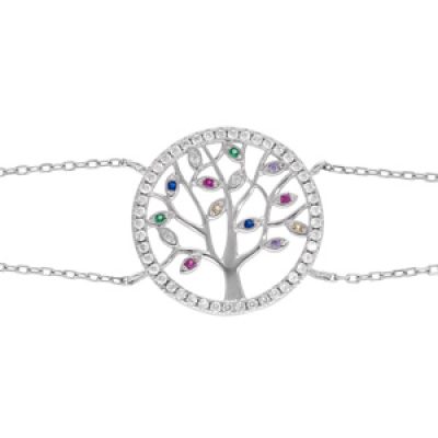 Bracelet en argent rhodié double chaîne avec arbre de vie multicouleurs contour oxydes blancs sertis 15+2cm