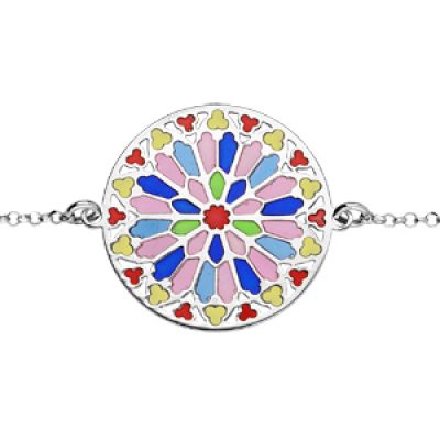 Bracelet en argent rhodié chaîne avec rosace colorée16+3cm