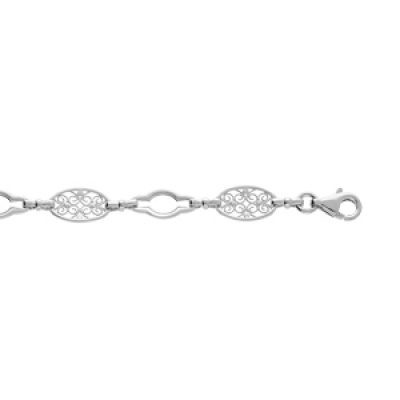 Bracelet en argent rhodié maille ovale motif filigrane 16+3cm