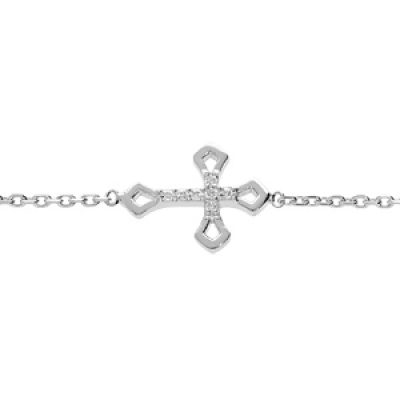 Bracelet en argent rhodié chaîne avec croix et oxydes blancs sertis 16+2cm